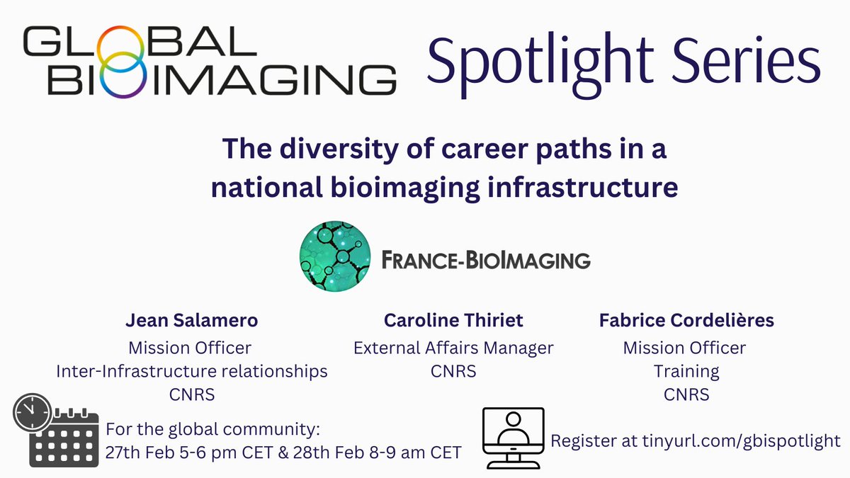 Euro-BioImaging ERIC (@eurobioimaging) on Twitter photo We are delighted to invite you to attend the <a href="/GlobalBioImage/">Global BioImaging</a> Spotlight Series webinar featuring perspectives on bioimaging infrastructure career paths from our <a href="/Fr_BioImaging/">France-BioImaging Research Infrastructure</a> colleagues!
All are welcome 🤩
🗓️Feb 28 @ 17:00 CET
Register here 🔽
tinyurl.com/gbispotlight We are delighted to invite you to attend the <a href="/GlobalBioImage/">Global BioImaging</a> Spotlight Series webinar featuring perspectives on bioimaging infrastructure career paths from our <a href="/Fr_BioImaging/">France-BioImaging Research Infrastructure</a> colleagues!
All are welcome 🤩
🗓️Feb 28 @ 17:00 CET
Register here 🔽
tinyurl.com/gbispotlight