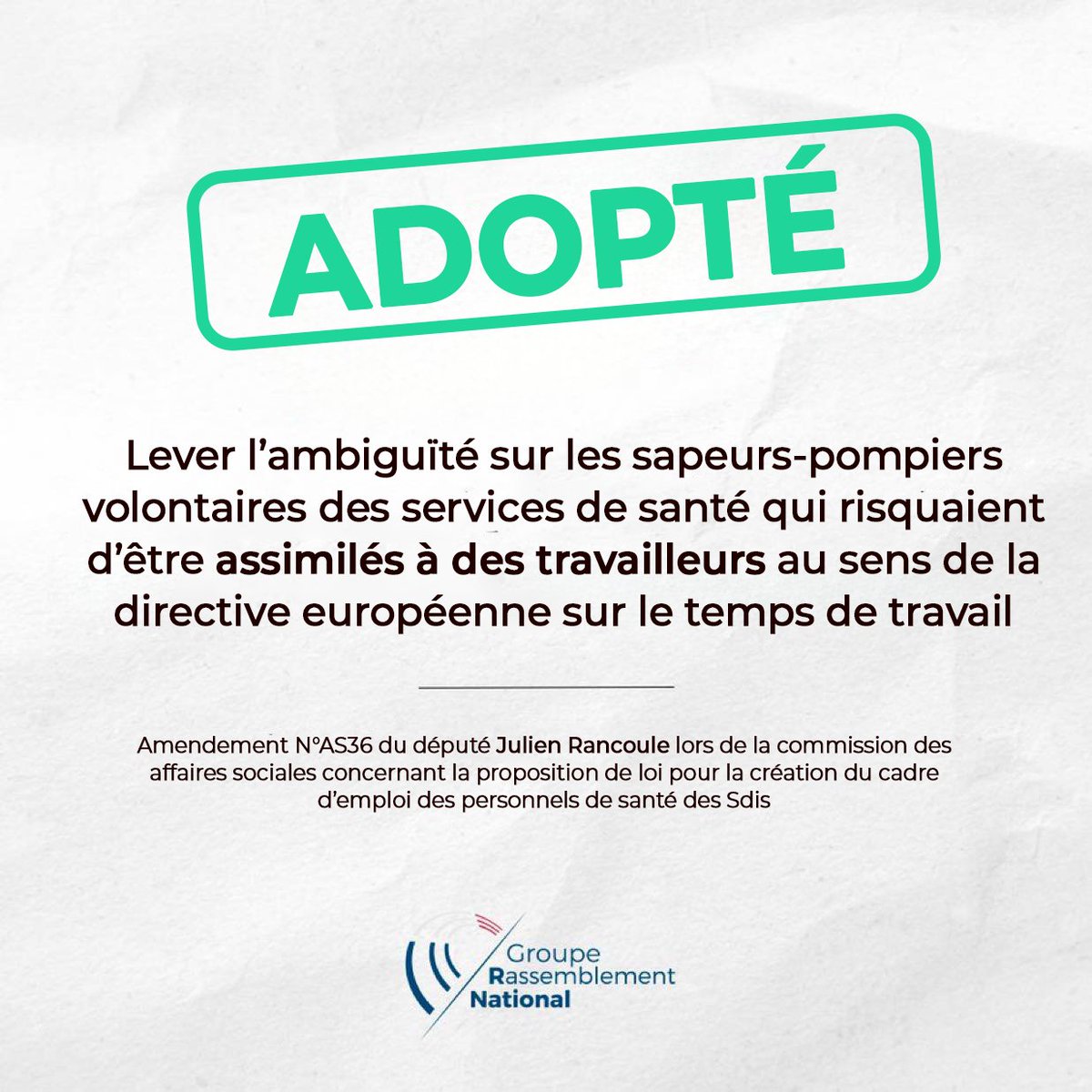 J_Rancoule's tweet image. Ce matin, en @AN_AfSoc, quatre de mes amendements ont été adoptés dans le cadre de l&apos;examen de la proposition de loi sur la création du cadre d’emploi des personnels de santé des #SDIS.

Ces avancées permettront d’améliorer la reconnaissance et l’intégration des personnels de…
