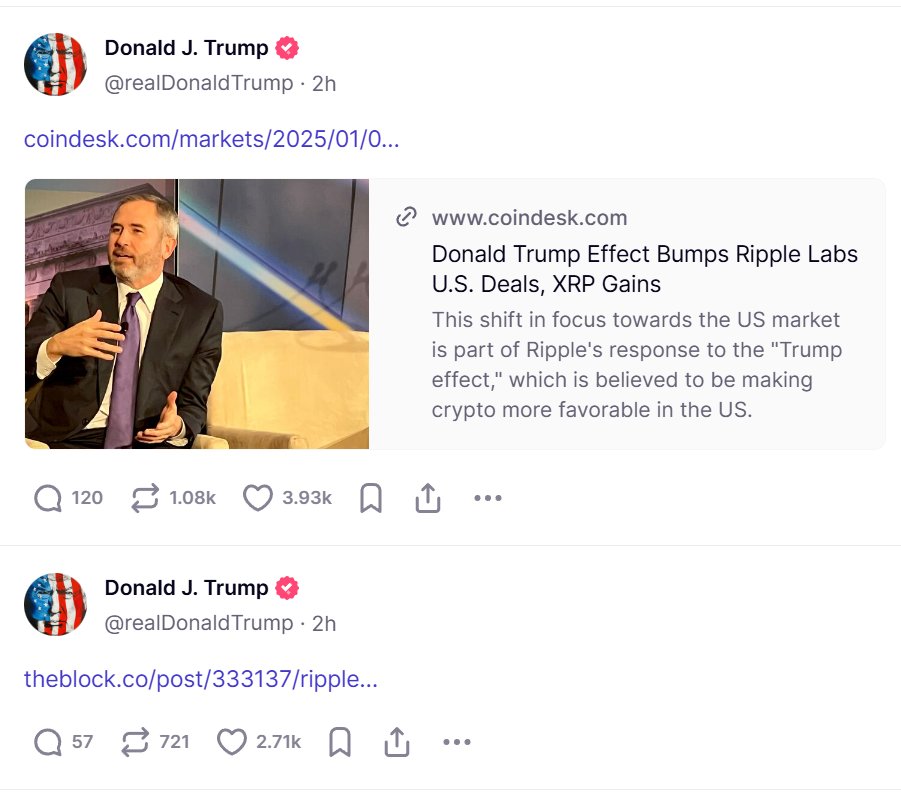 EthLoverx's tweet photo. Exciting news today: Donald Trump made waves by posting not once, but twice about Ripple and $XRP! 🇺🇸 This has definitely stirred up the conversation! https://t.co/KP8gb2irKI