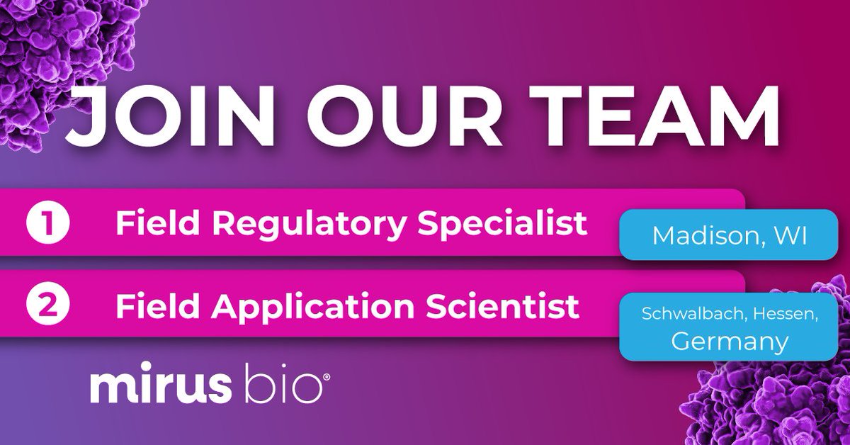 Mirus Bio is hiring! Two key roles available:

🔬 Field Application Scientist (Germany) 
📜 Field Regulatory Specialist (Madison, WI)

See the descriptions and apply now: mirusbio.com/careers/
