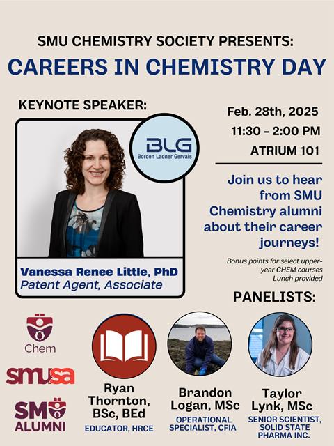 NEXT Friday, Feb 28th, our student society will be hosting a special event:  CAEERS IN CHEMISTRY DAY. Panelists are SMU Chemistry Alumni.