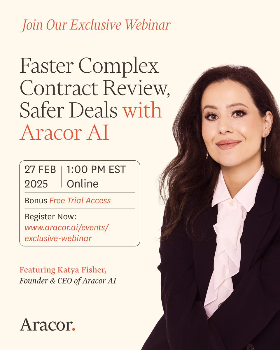 Drowning in Complex Contract Review? 

Join our live webinar to see how the #1 AI platform for in-house teams uses the latest LLMs to streamline complex contract review—faster, safer &amp; more efficient.

📅 Feb 27, 2025 | 1:00 PM EST | Online (Zoom)

🔗 aracor.ai/events/exclusi…