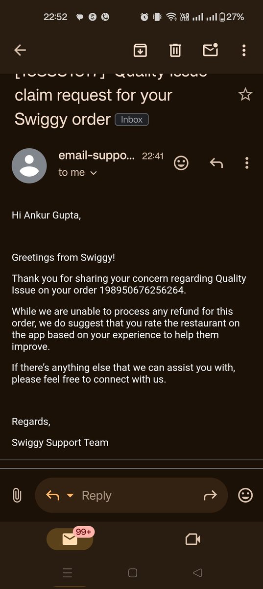 ankur6870's tweet photo. @SwiggyCares @swiggy_genie @Swiggy what a pathetic reply received on the basis of complaint
See the attachment public https://t.co/You1PFDTAz