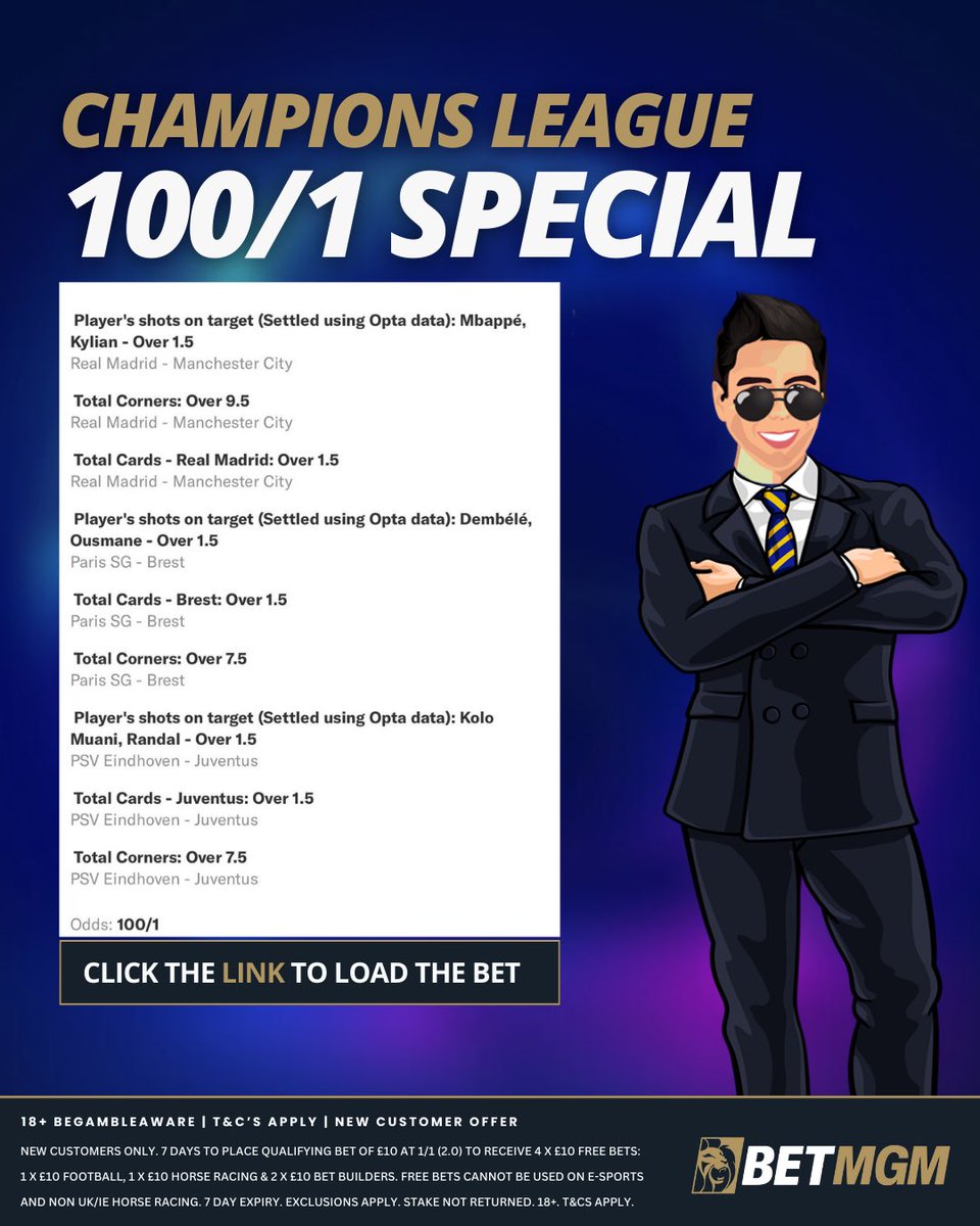 🏆 100/1 Champions League Special!

🤑£10 Returns 1K! (£1000)

Add it Here - tinyurl.com/BB-1001

Get £40 to place on the CL Tonight - tinyurl.com/BB-CL40

18+, T&amp;Cs Apply