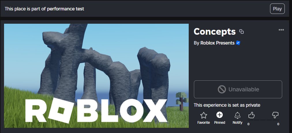 LeaksEvents's tweet image. ⁉️| New Event
Uma nova subplace para "performance test" foi carregada essa manhã, chamada de Concepts:roblox.com/games/94443088…
Além disso, a place que se chamava "bug" agora se chama "go back to using start place". 🤷♂️
De novo, apenas testes
#Roblox #RobloxDev