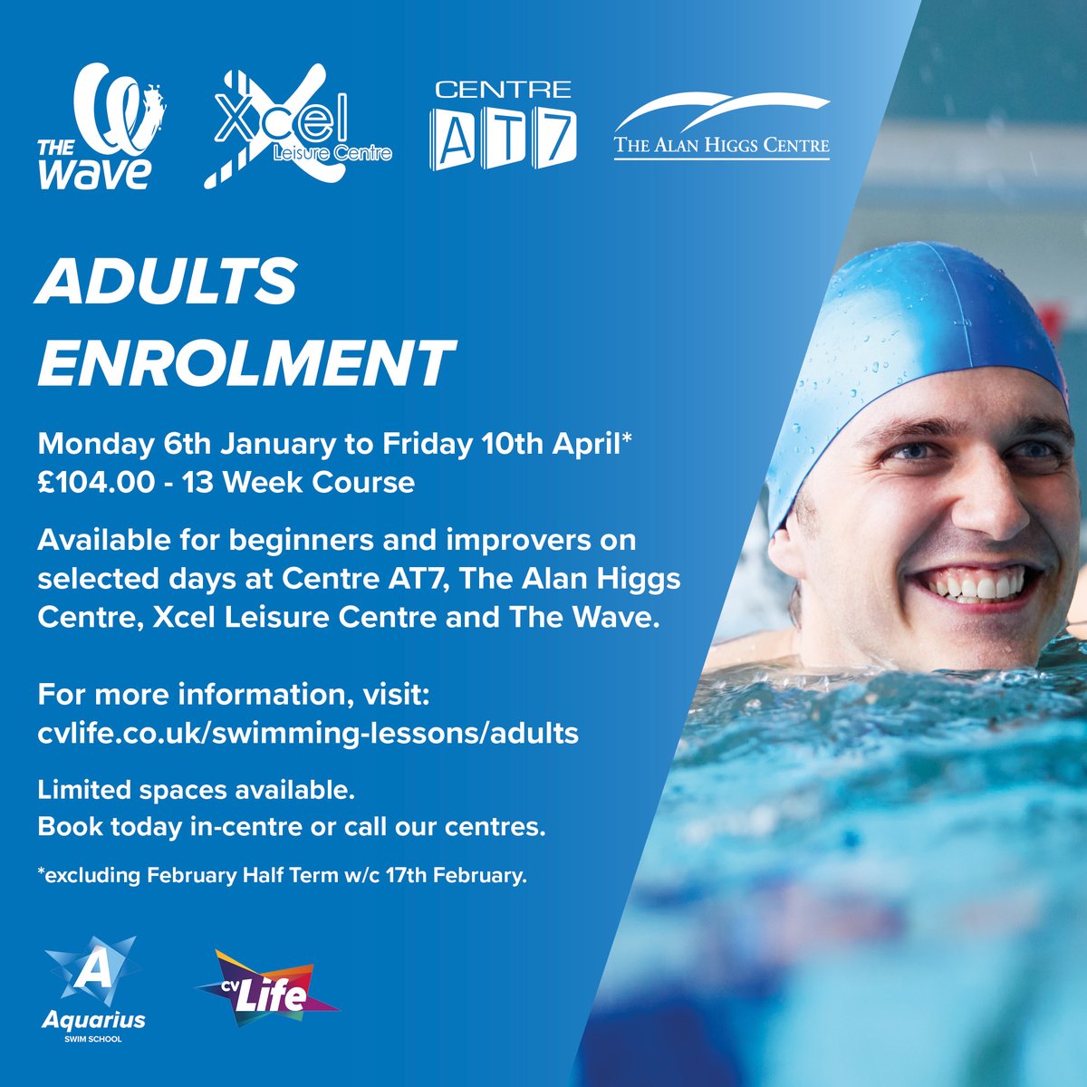 Aquarius Swim School (@cvaquariusswim) on Twitter photo Did you know you can join our courses anytime? ✏️
We're at the half way mark for our current swimming courses, and you can still join and pay for the remaining lessons only.
Find out more in the graphics below or on our website:
cvlife.co.uk/swimming-lesso… Did you know you can join our courses anytime? ✏️
We're at the half way mark for our current swimming courses, and you can still join and pay for the remaining lessons only.
Find out more in the graphics below or on our website:
cvlife.co.uk/swimming-lesso…