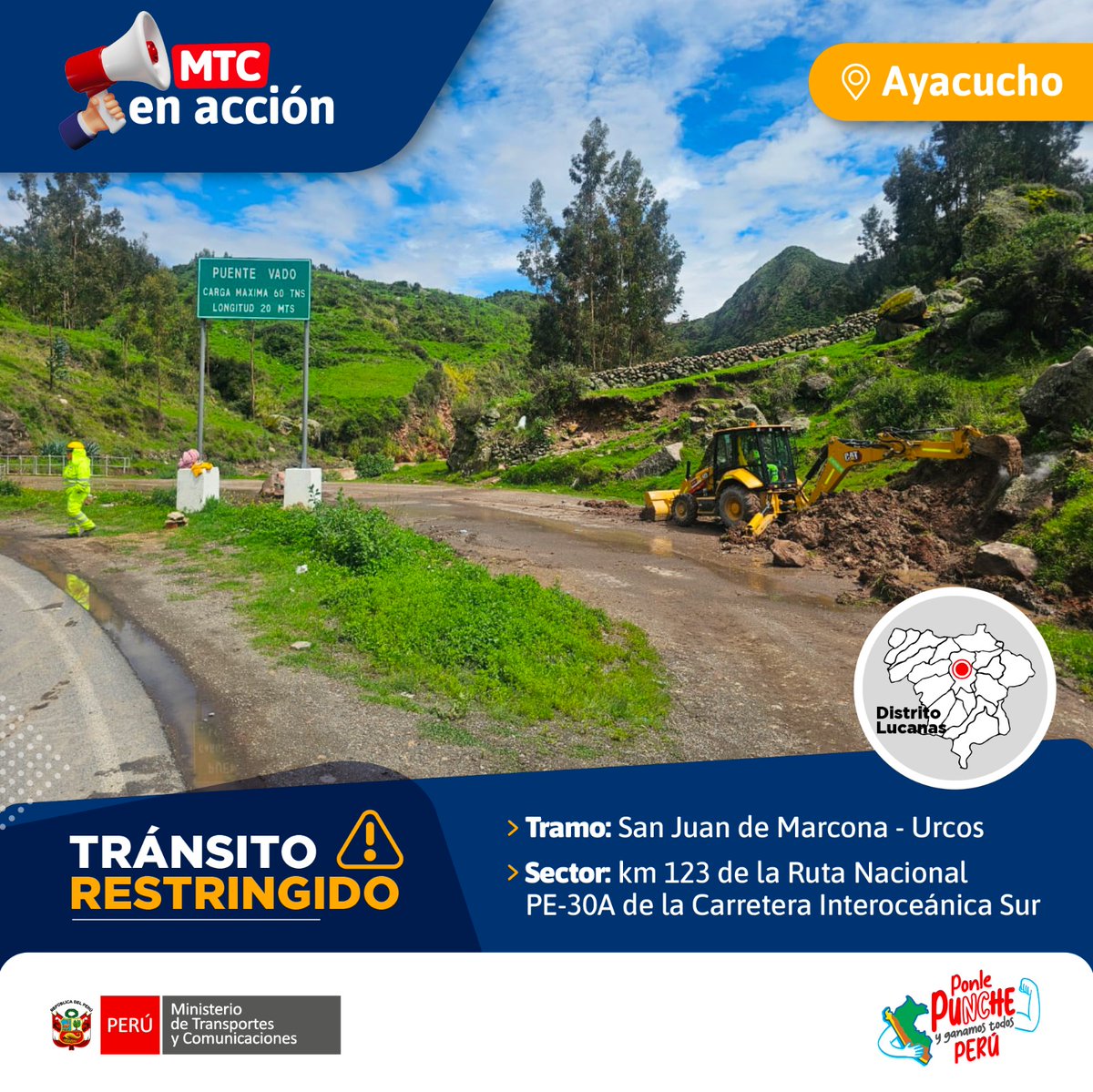 MTC_GobPeru's tweet photo. 📍#Lucanas, Ayacucho 
📢 Tránsito restringido en el km 123 de la Ruta Nacional PE-30A de la Carretera Interoceánica Sur Tramo 1: San Juan de Marcona-Urcos, por erosión en los estribos derecho e izquierdo del puente Vado debido a la crecida del río, a la altura del CP Santiago de Vado. 
🚜 La maquinaria de la concesionaria Carretera Andina del Sur - SURVIAL está en el lugar para atender la emergencia vial. Se restringió el tránsito a un solo carril, y se habilitó el paso para el transito liviano en el puente antiguo. Se está trasladando roca al punto afectado, para proteger ambos estribos del puente y se colocó señalización para alertar a los usuarios.

#MTCenAcción