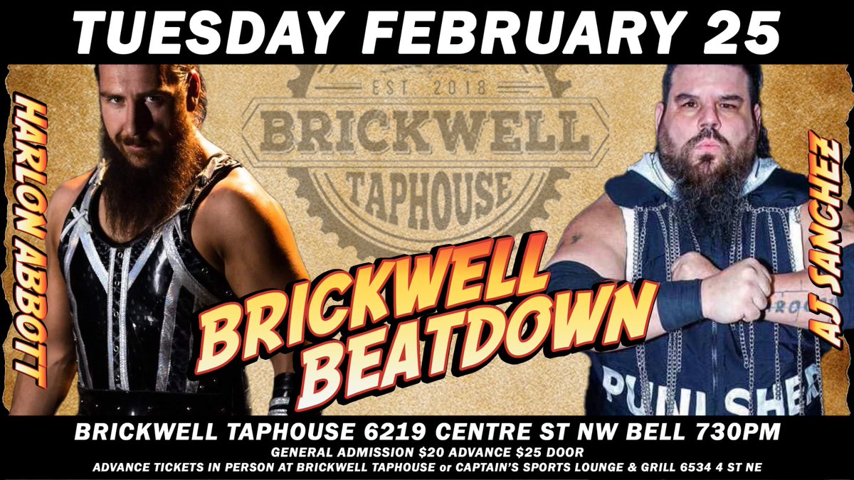 Real Canadian Wrestling (@rcw_wrestle) on Twitter photo February 25th in Calgary
<a href="/HarlonAbbott/">Harlon Abbott</a> vs <a href="/CrusherAj/">CrusherAJSanchez</a>
Tickets on sale now at Brickwell taphouse or online at eventbrite.ca/e/brickwell-ta…
This is an 18+ event February 25th in Calgary
<a href="/HarlonAbbott/">Harlon Abbott</a> vs <a href="/CrusherAj/">CrusherAJSanchez</a>
Tickets on sale now at Brickwell taphouse or online at eventbrite.ca/e/brickwell-ta…
This is an 18+ event