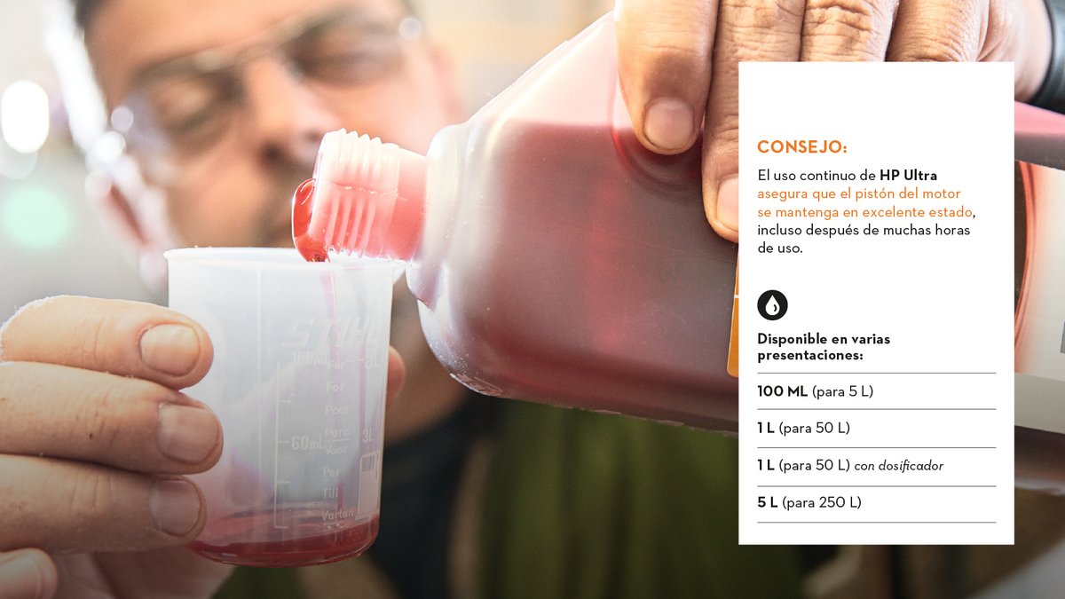 El aceite HP para motores 2T 💪
Presentación de 100 ml, suficiente para preparar hasta 5 litros de combustible. También está disponible en otros tamaños.
Encontralo en un concesionario oficial STIHL y preparate para un rendimiento insuperable en tus motores de 2 tiempos.
