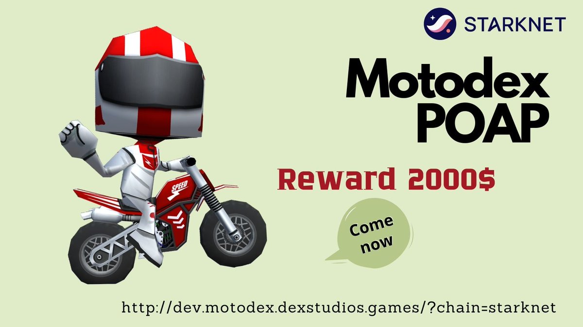 motodex_game's tweet image. ๐ MotoDEX x @Starknet๐๏ธ Cross!
Take part in the race and win a reward! ๐ The top ten players will receive NFTs worth a total of $2000!๐
๐๏ธ February 21 - 28, 2025.
Don't miss your chance to showcase your skills and claim your prize!
app.motodex.dexstudios.games/?chain=starknet๐