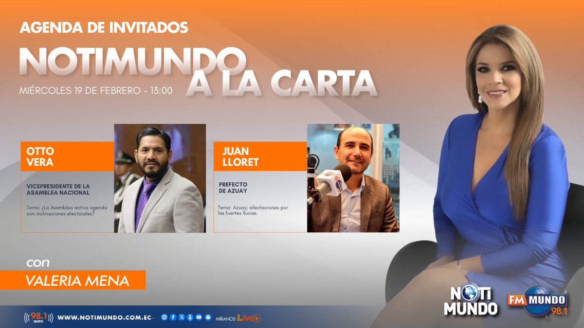 🌎 #NotimundoALaCarta | <a href="/ValeMenaS/">Valeria Mena</a> te trae las noticias más destacadas a la mitad de la jornada. Hoy con:

🎙 <a href="/OttoVeraSE/">Otto Vera</a> 
🎙️ <a href="/jotalloretv/">Jota Lloret Valdivieso</a> 

📽️ Míranos #EnVivo ➡️ youtube.com/@FmMundoLive

📻 98.1 FM #Quito

📲 fmmundo.com