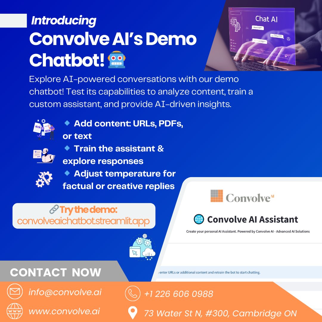 AiConvolve's tweet photo. Experience AI-powered conversations with our interactive demo chatbot! Test its ability to analyze content, train a custom assistant, and generate AI-driven insights
Try it now: https://t.co/EjAEVSl25S

#chatbot #aichatbot #aiassistant #machinelearning #naturallanguageprocessing https://t.co/uFtpZlCJEV