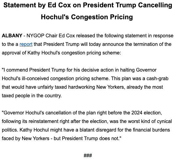 NewYorkGOP's tweet photo. HUGE news: @realDonaldTrump is CANCELLING Kathy Hochul's NYC congestion tax!

Thank you, President Trump, for killing this unfair burden on hardworking New Yorkers. 

Full statement from @ChairmanEdCox: https://t.co/YssGJijmlr