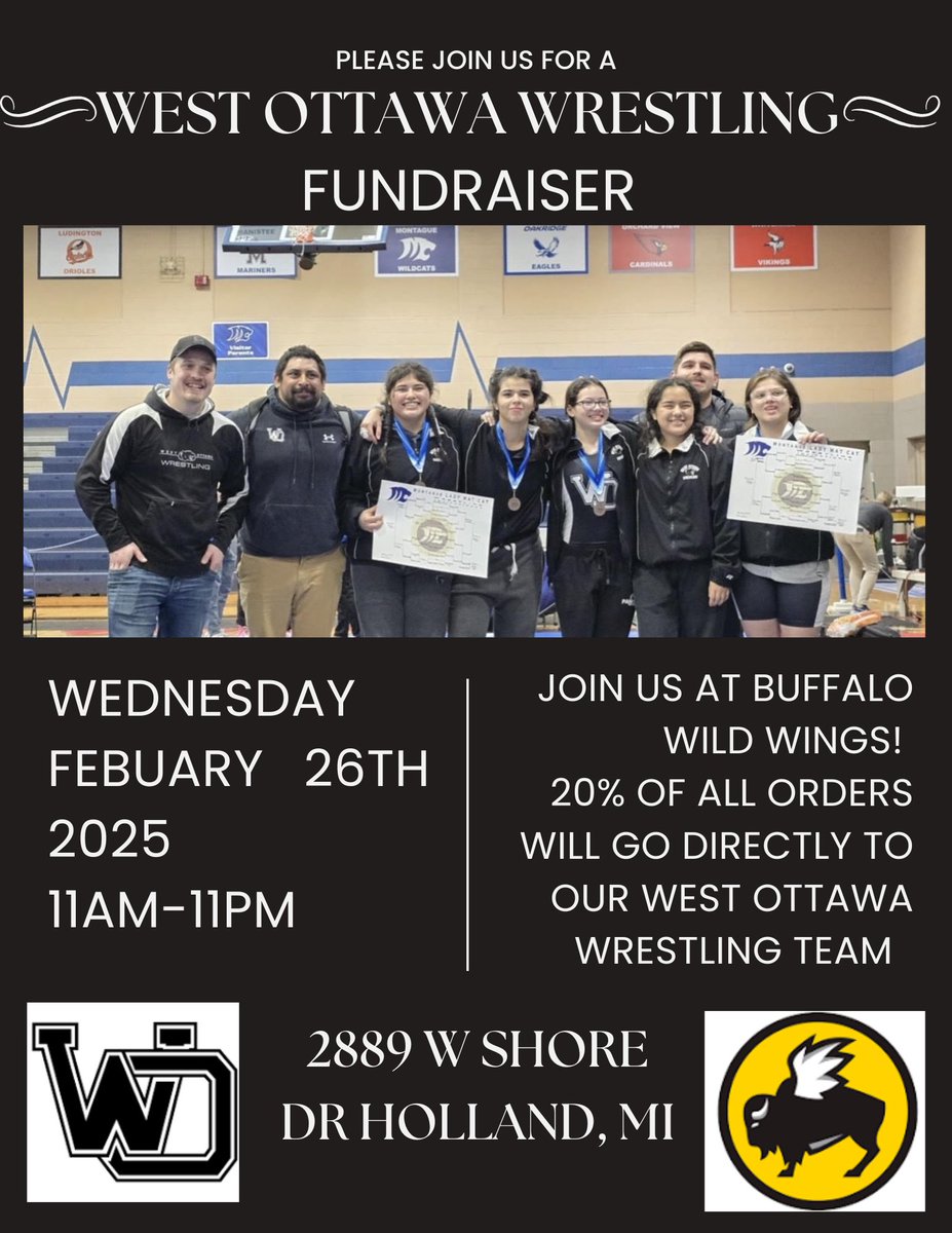 WO Wrestling are partnering with Buffalo Wild Wings! Donate 20% of your total bill back to WO Wrestling when presented with a ticket physically or digitally. Wednesday, February 26th, 2025.
ALL DAY! Buffalo Wild Wings- Holland MI.