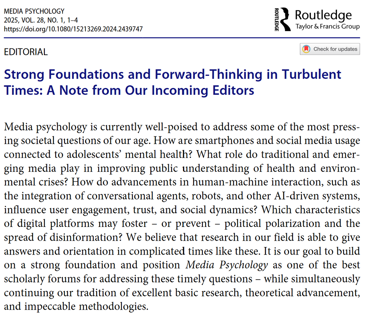 MediaPsychMEP's tweet image. New editorial! 📷 Digital platforms and political polarization, environmental crises and media trust, smartphones and mental health: Research in media psychology addresses some of the most pressing societal issues and can give answers in complicated times like these.