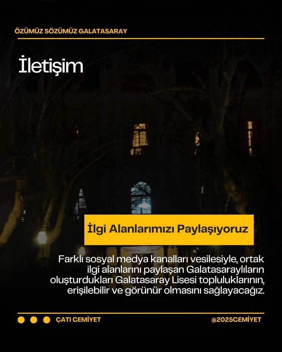 Farklı sosyal medya kanalları vesilesiyle, ortak ilgi alanlarını paylaşan Galatasaraylıların oluşturdukları Galatasaray Lisesi topluluklarının, erişilebilir ve görünür olmasını sağlayacağız.