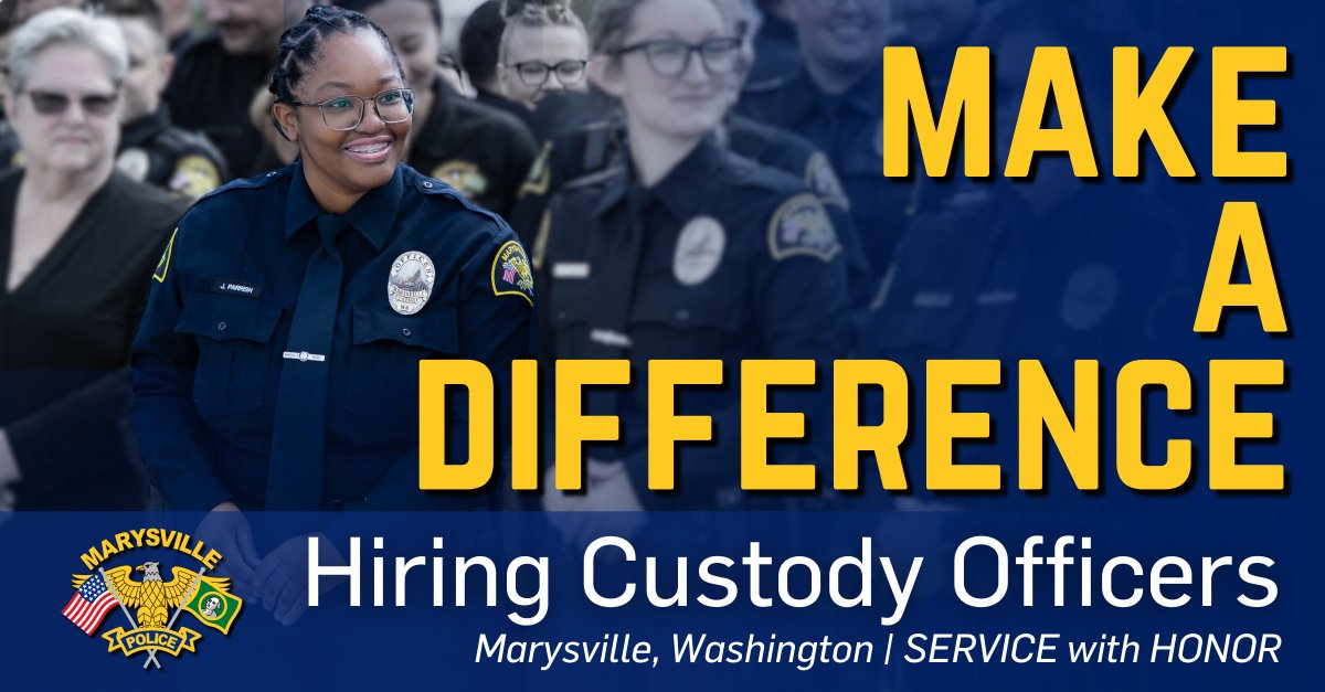 📢NOW HIRING: Make a difference in the community and apply to #JoinMPD!

✓ Up to $5,000 hiring incentive + competitive salary ($6,149-$7,346/month) for lateral custody officers
✓ Brand new municipal jail
✓ Education incentives up to 8% for BA/BS

Apply: marysvillewa.gov/JoinMPD