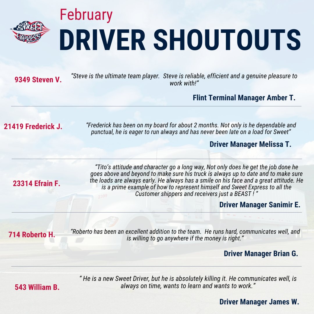SweetExpressLLC's tweet image. Every month going forward, our driver managers will choose one driver that they believe deserves a shoutout. Great job drivers and keep it up!

#shoutout #trucking #appreciation #employeeappreciation #thankyou #thanks #truck #driver #trucker #truckerlife