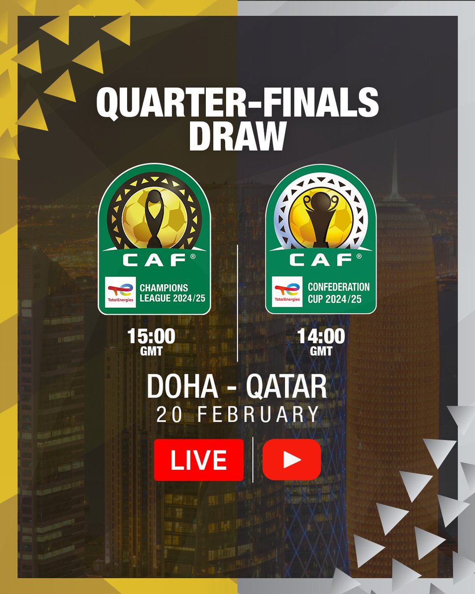 Tune in tomorrow for our #TotalEnergiesCAFCL &amp; #TotalEnergiesCAFCC quarter-finals draw LIVE through our YouTube channel ‘CAF TV’! 🚨