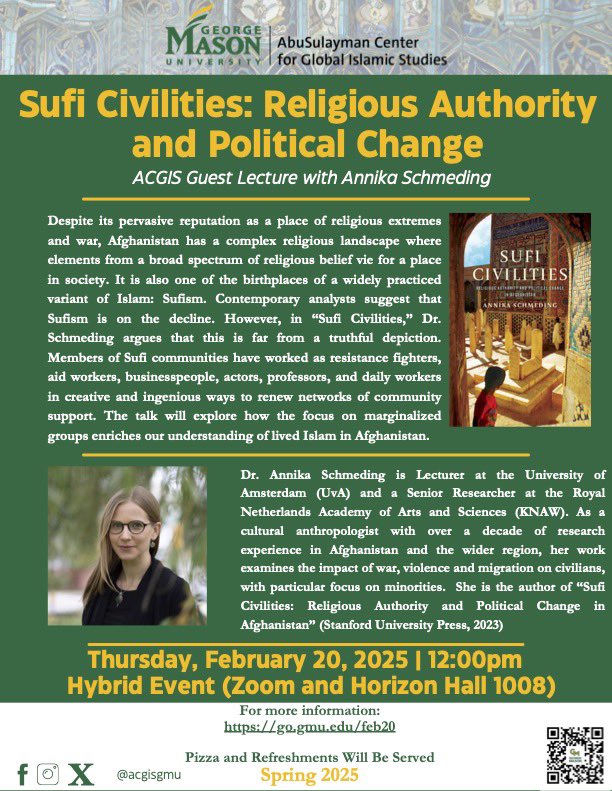 Annika Schmeding (PhD) (@annikaaneko) on Twitter photo Tomorrow! Looking forward to tomorrow's “Sufi Civilities” Book Talk at the Abu Sulayman Center for Global Islamic Studies at <a href="/GeorgeMasonU/">George Mason University</a> . It's a Hybrid Event and Open to all. So, please join us!
#afghanistan #sufism #civilsociety
islamicstudiescenter.gmu.edu/events/16721 Tomorrow! Looking forward to tomorrow's “Sufi Civilities” Book Talk at the Abu Sulayman Center for Global Islamic Studies at <a href="/GeorgeMasonU/">George Mason University</a> . It's a Hybrid Event and Open to all. So, please join us!
#afghanistan #sufism #civilsociety
islamicstudiescenter.gmu.edu/events/16721
