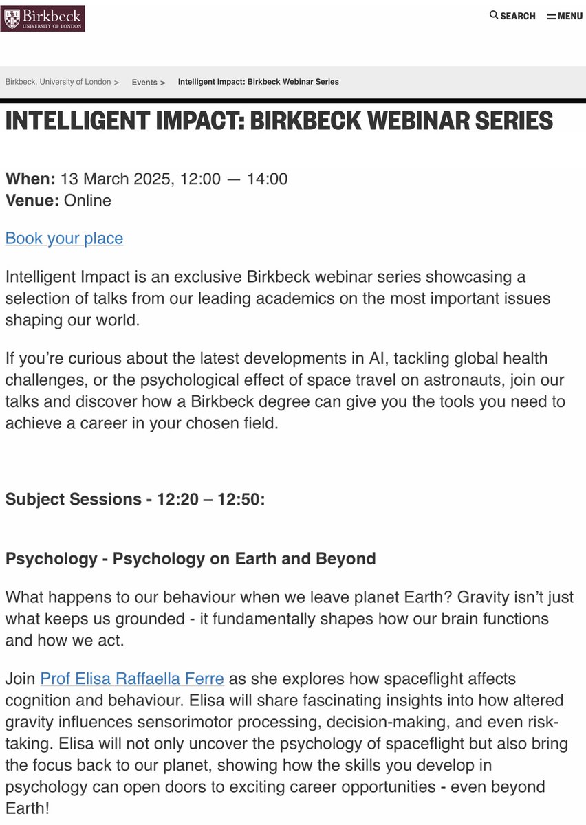 Join me for a webinar on Psychology on Earth and Beyond! 

Date: 13 March 2025
Link to register: 
bbk.ac.uk/prospective/me…

<a href="/BirkbeckUoL/">Birkbeck, University of London</a> <a href="/bbkpsychology/">Birkbeck School of Psychological Sciences</a>