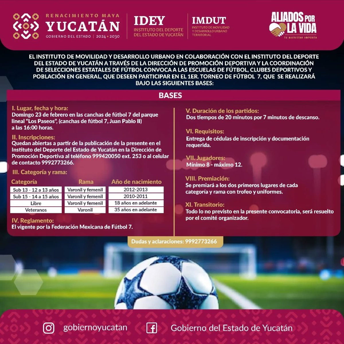 ImdutYucatan's tweet photo. ⭐ ¡1er Torneo de Fut 7 en Los Paseos! ⚽

El @IDEY_oficial junto con el #IMDUT te invitan al primer Torneo de Fut 7 abierto a clubes deportivos, escuelas fútbol y público en general.

Te compartimos las bases👇🏻 https://t.co/kDCNZQmYzg