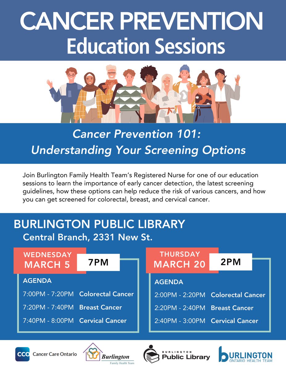 Do you want to know more about your cancer screening options? Join us for a Cancer Prevention Education Session! 
The 1st session takes place March 5 at 7 pm: attend.bpl.on.ca/event/12944060
The 2nd session takes place March 20 at 2 pm: attend.bpl.on.ca/event/12962171