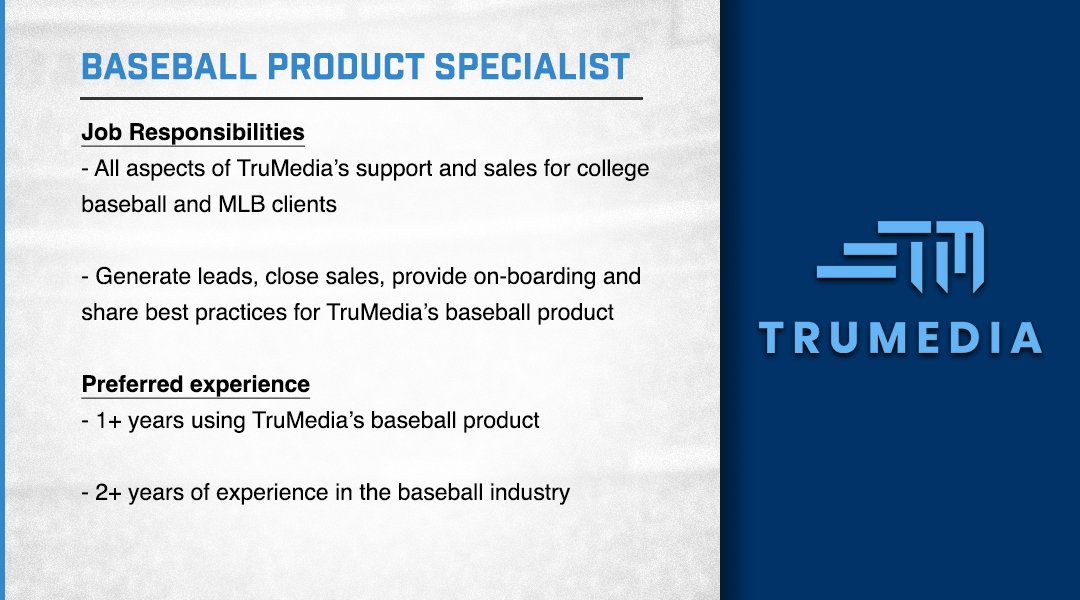 🚨 TruMedia is hiring! 🚨

We're looking for a Baseball Product Specialist to support all aspects of our college baseball and MLB business. 

For more info and to apply: teamworkonline.com/sports-technol…