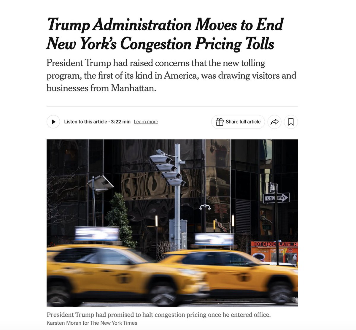 Trump is pulling the plug on congestion pricing in New York, which seemed to be working great

also the president should not be able to do this