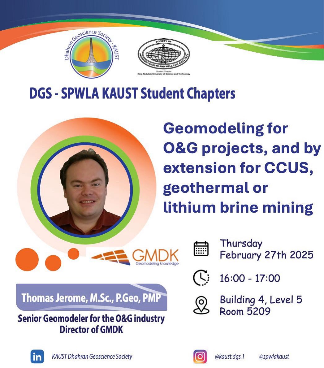 Gain expert insights into CCUS, geothermal energy, and lithium brine mining—key technologies shaping the future of energy.

📅 Feb 27, 2025
🕒 4:00 PM – 5:00 PM
📍 KAUST: Building 4, R5209

🔗 Join online (Zoom): 
kaust.zoom.us/j/92601526169

Don’t miss out!