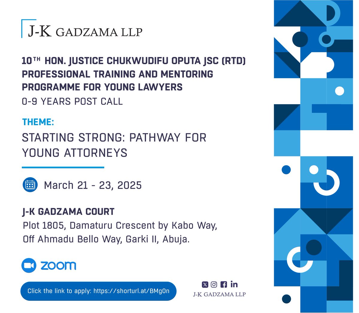 The 10th edition of our Professional Training and Mentoring Programme for Young Lawyers takes place from Friday, 21 March to Sunday, 23 March 2025. 

To apply, kindly click this link - docs.google.com/forms/d/e/1FAI…

#Nigeria #Lawyers #Training #Law #Legal