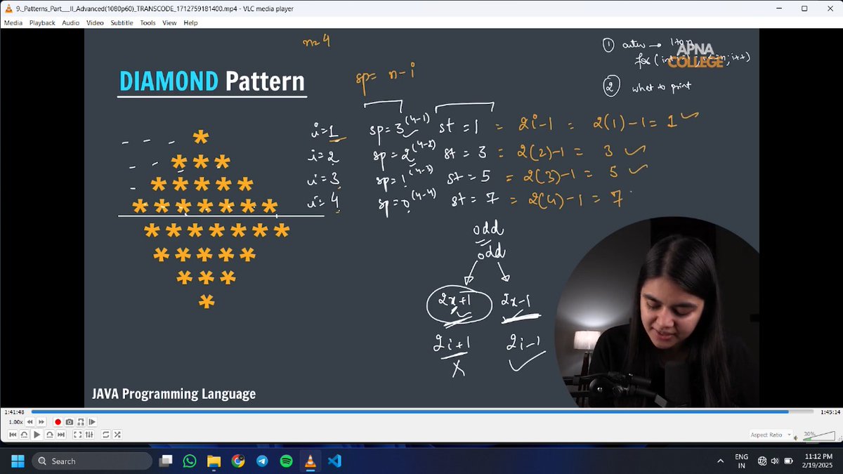 codewithrk21's tweet image. Day 12/100 #100DaysofCode 
On the Way to Mastering #JavaWithDsa
Learning diamond pattern printing with Shraddha ma'am. Step by step, getting closer to mastering DSA. 
@ApnacollegeX
#100DaysOfCode #JavaDSA #ApnaCollege