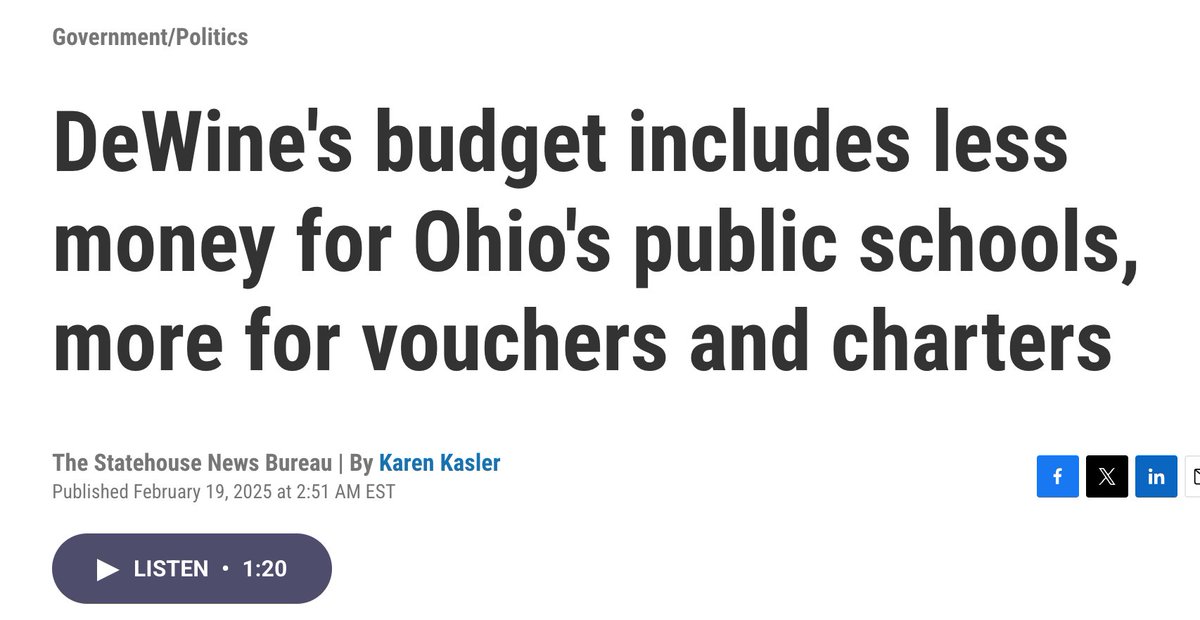 A crucial article. Ohio politicians often claim they've been increasing school funding, but that claim ignores reality

Public schools, which 90% of #Ohio kids attend, have been starved while the state funnels $$ to unregulated charter/private schools

statenews.org/2025-02-19/dew…