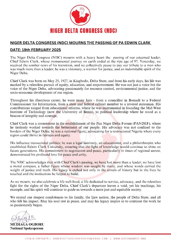 ND_Congress's tweet image. NIGER DELTA CONGRESS (NDC) MOURNS THE PASSING OF PA EDWIN CLARK
DATE: 19th FEBRUARY 2025