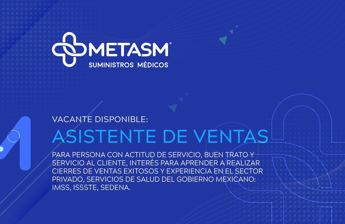 metasuministros's tweet photo. ¡Seguimos en expansión!
Únete a nuestra fuerza de ventas, gana con el plan de comisiones que te ofrecemos y crece tus ingresos exponencialmente.

📩hola.metasm@gmail.com

#vacante #ventas #metasm #suministrosmedicos #vacanteiztapalapa #vacantecdmx https://t.co/A6mWbJrLoK