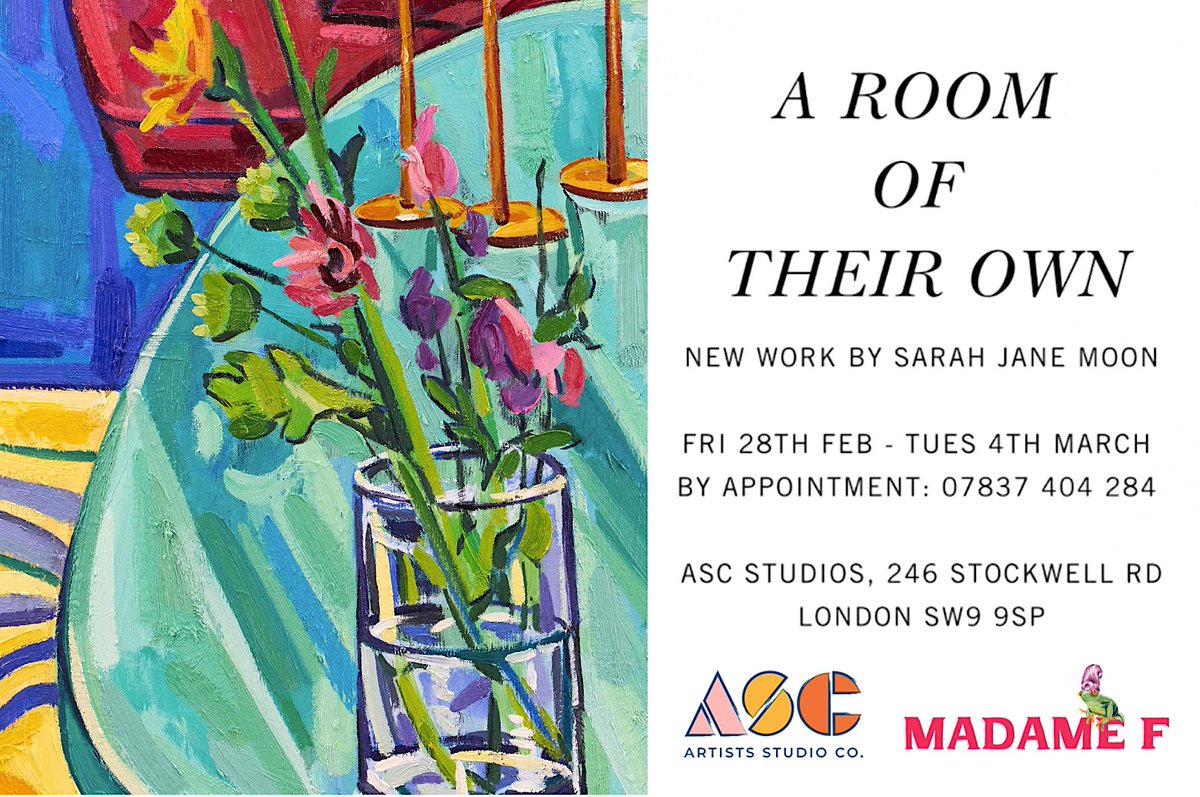 A Room of Their Own will be on display at ASC Studios in Brixton next week 🎉 

A ROOM OF THEIR OWN 
ASC Studios, Brixton 
Friday 28th Feb – Tues 4th March (daily, by appointment)  

The exhibition is supported by Madame  F Wines &amp; ASC Studios.  

#ascstudios #bloomsbury #madameF