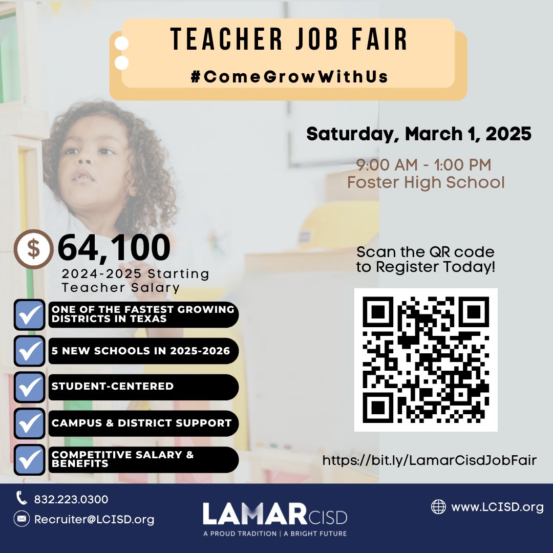 Lamar CISD (@lamarcisd) on Twitter photo Don’t forget to register for the upcoming Teacher Job Fair on Sat., March 1, from 9 AM - 1 PM at Foster HS.📣
Applicants can connect with various campus & department leaders at the job fair.
Questions?
Recruiter@LCISD.org
832-223-0300
Register:
🔗bit.ly/LamarCisdJobFa… Don’t forget to register for the upcoming Teacher Job Fair on Sat., March 1, from 9 AM - 1 PM at Foster HS.📣
Applicants can connect with various campus & department leaders at the job fair.
Questions?
Recruiter@LCISD.org
832-223-0300
Register:
🔗bit.ly/LamarCisdJobFa…