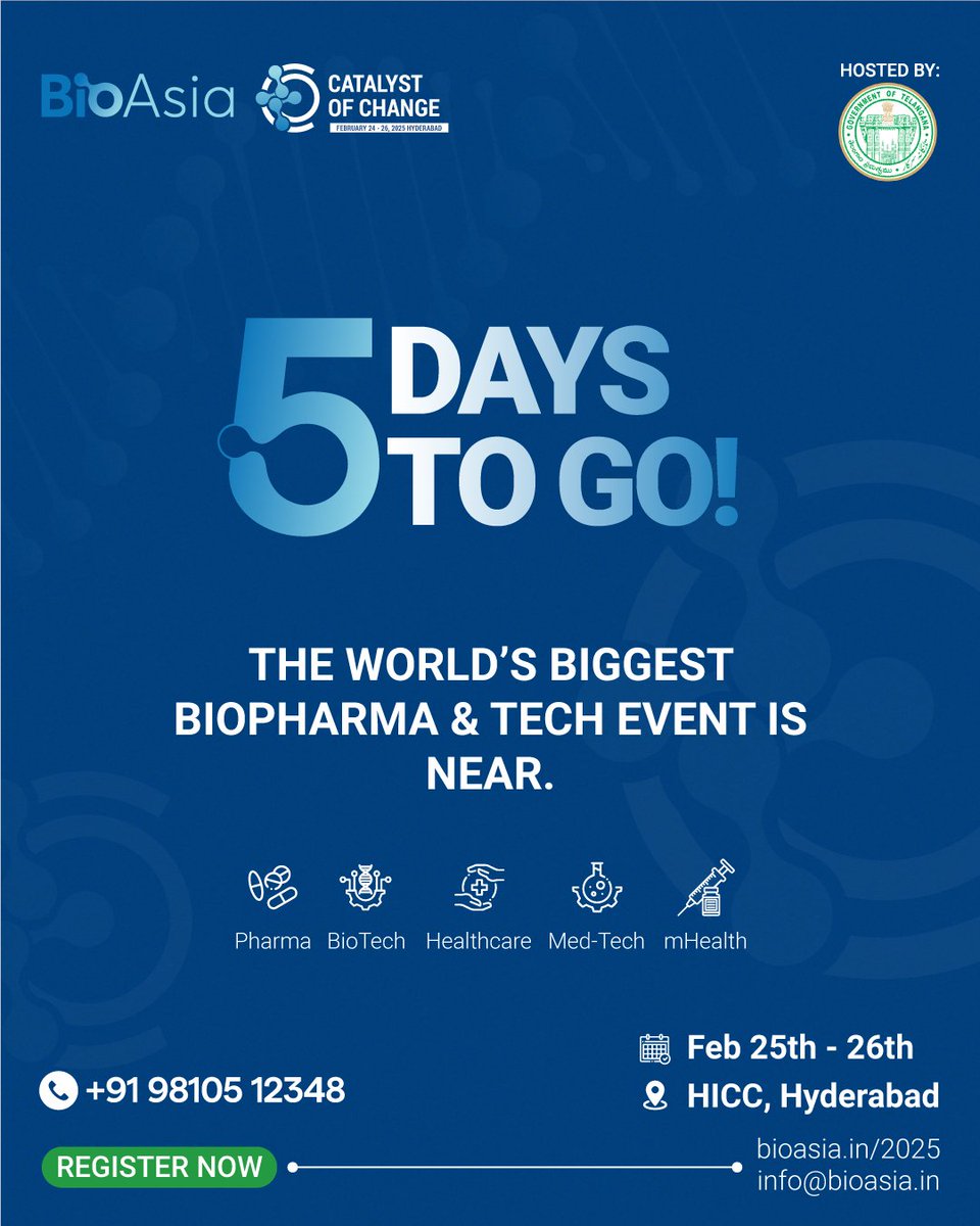 Only 5 days left for #BioAsia2025, where leaders in MedTech, AI &amp; digital transformation converge! Don’t miss the biggest conversations on the future of innovation &amp; breakthroughs.

Date: 25th-26th February  2025

Register now!

+91 98105 12348 | bioasia.in/2025/