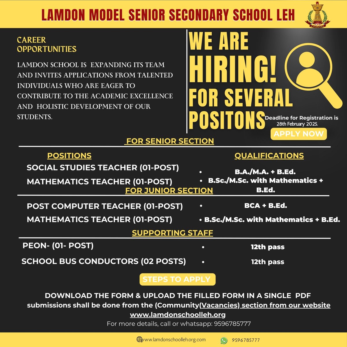 Lamdon School Leh (@lamdonleh) on Twitter photo ๐๐๐ซ๐๐๐ซ ๐๐ฉ๐ฉ๐จ๐ซ๐ญ๐ฎ๐ง๐ข๐ญ๐ข๐๐ฌ ๐๐ญ ๐๐๐ฆ๐๐จ๐ง ๐๐จ๐๐๐ฅ ๐๐๐ง๐ข๐จ๐ซ ๐๐๐๐จ๐ง๐๐๐ซ๐ฒ ๐๐๐ก๐จ๐จ๐ฅ, ๐๐๐ก!
Lamdon school is expanding its team and invites applications from talented individuals who are eager to contribute to the academic excellence ๐๐๐ซ๐๐๐ซ ๐๐ฉ๐ฉ๐จ๐ซ๐ญ๐ฎ๐ง๐ข๐ญ๐ข๐๐ฌ ๐๐ญ ๐๐๐ฆ๐๐จ๐ง ๐๐จ๐๐๐ฅ ๐๐๐ง๐ข๐จ๐ซ ๐๐๐๐จ๐ง๐๐๐ซ๐ฒ ๐๐๐ก๐จ๐จ๐ฅ, ๐๐๐ก!
Lamdon school is expanding its team and invites applications from talented individuals who are eager to contribute to the academic excellence