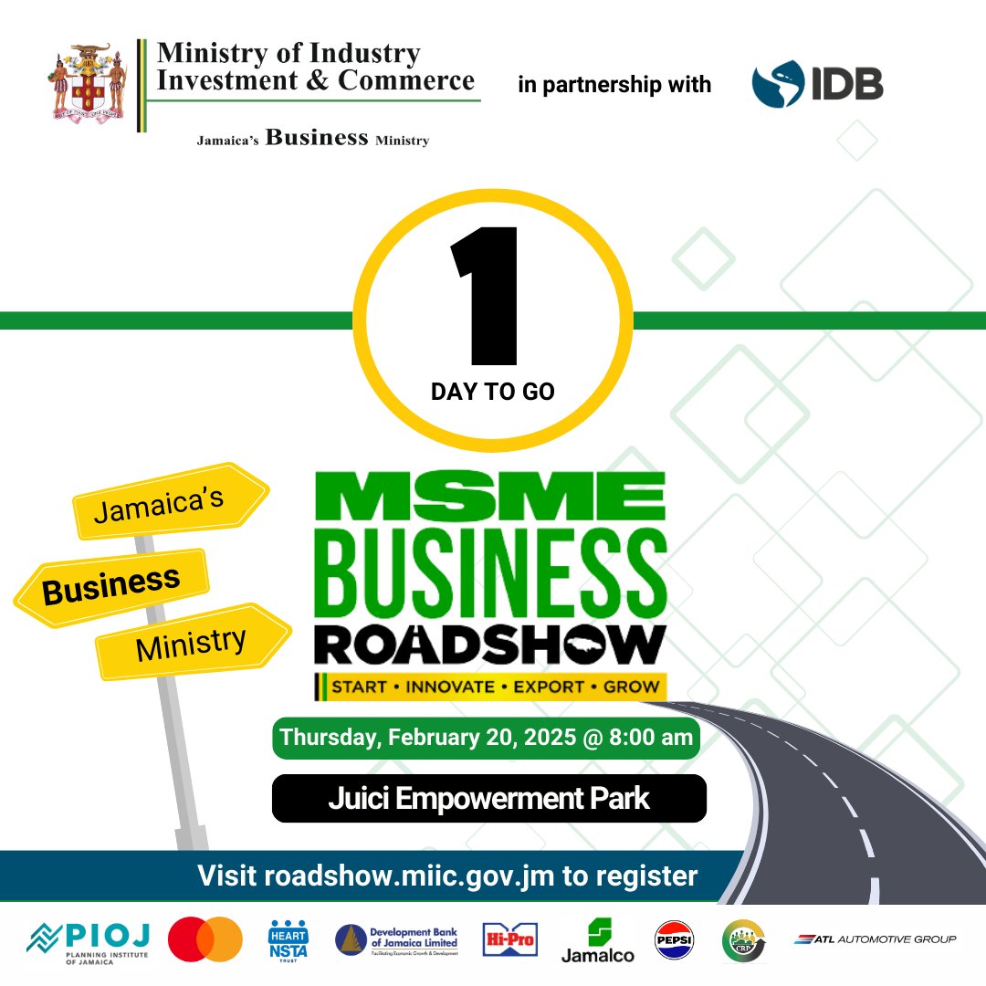 🚨 The MSME Business Roadshow stops at Juici Empowerment Park tomorrow!

Get expert insights, tools &amp; strategies to elevate your business and boost export readiness. Don’t miss this chance to network &amp; grow!
📲 Register now: roadshow.miic.gov.jm