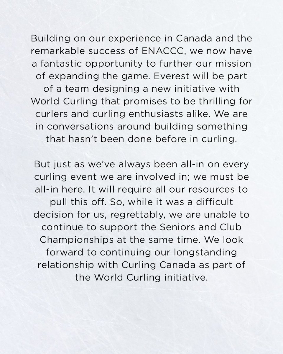 everestcurling's tweet image. While this may be the end of one era, it’s the beginning of another one. We look forward to continuing our longstanding relationship with you as part of a new World Curling partnership. (Part 2 of 2)