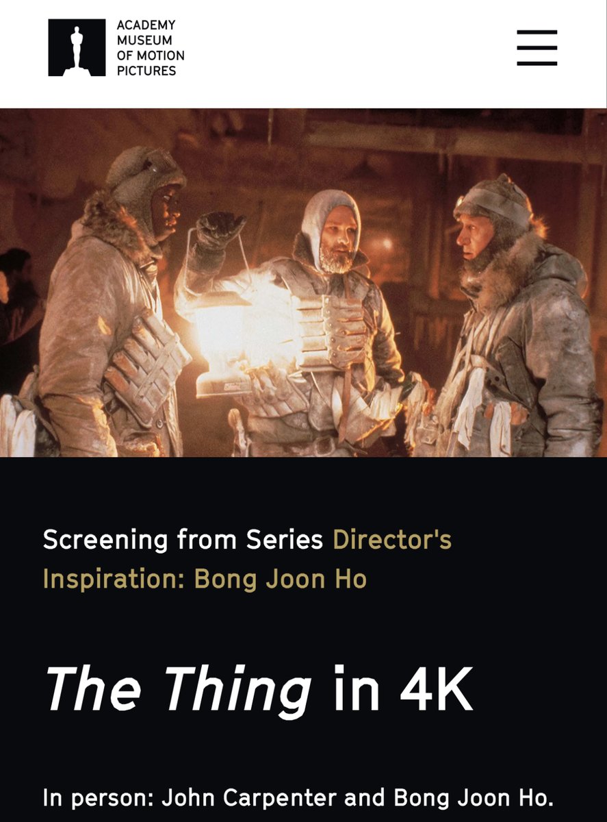 Beyond Fest (@beyondfest) on Twitter photo THIS IS NOT A DRILL!
Bong Joon Ho and John Carpenter in conversation before a screening of THE THING 4K at <a href="/TheAcademy/">The Academy</a> Museum. Museum member presale is now. Public ticket sales open on 2/21 at 9 AM PT. RUN!
academymuseum.org/en/programs/de… THIS IS NOT A DRILL!
Bong Joon Ho and John Carpenter in conversation before a screening of THE THING 4K at <a href="/TheAcademy/">The Academy</a> Museum. Museum member presale is now. Public ticket sales open on 2/21 at 9 AM PT. RUN!
academymuseum.org/en/programs/de…