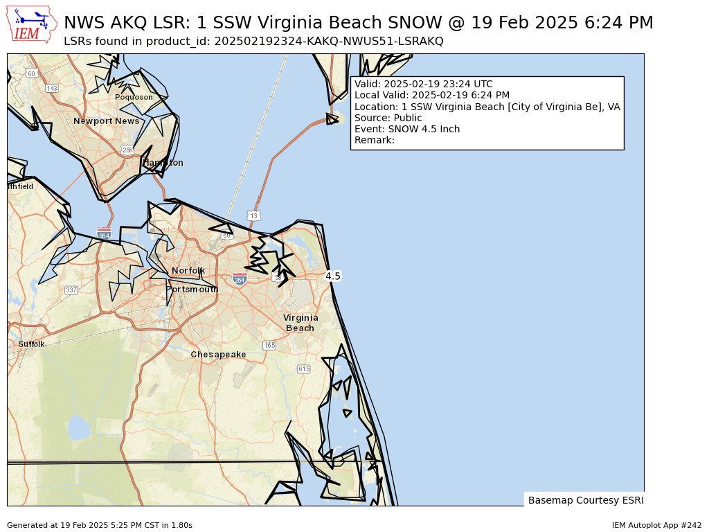 At 6:24 PM EST, 1 SSW Virginia Beach [City Of Virginia Be Co, VA] Public reports Snow of 4.50 Inch #vawx mesonet.agron.iastate.edu/lsr/#AKQ/20250…