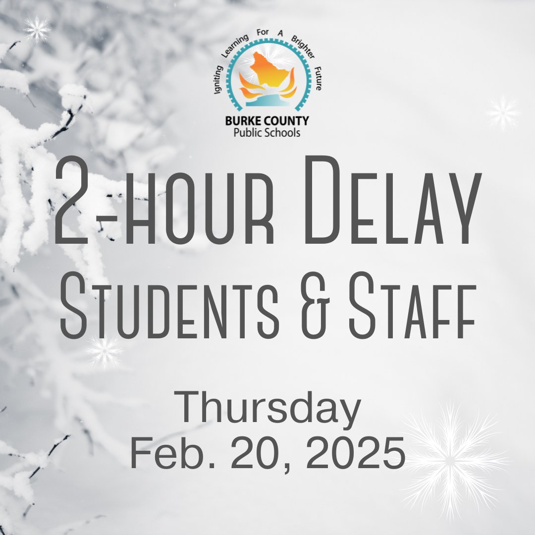 BCPS plans to operate on a 2-hour delay on Thursday, Feb. 20. Our team will be on the roads early in the morning, and we will update you as soon as possible if changes are warranted. YMCA programs will also operate on a two-hour delay.