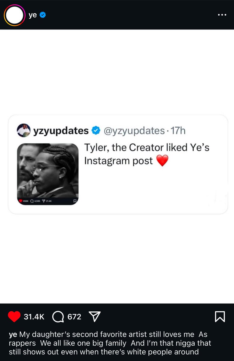 Kanversation™️ (@thekanversation) on Twitter photo Ye posts the GOAT <a href="/yzyupdates/">yzyupdates</a> post on IG with the caption:
“My daughter's second favorite artist still loves me As rappers We all like one big family And I'm that nigga that still shows out even when there's white people around” Ye posts the GOAT <a href="/yzyupdates/">yzyupdates</a> post on IG with the caption:
“My daughter's second favorite artist still loves me As rappers We all like one big family And I'm that nigga that still shows out even when there's white people around”