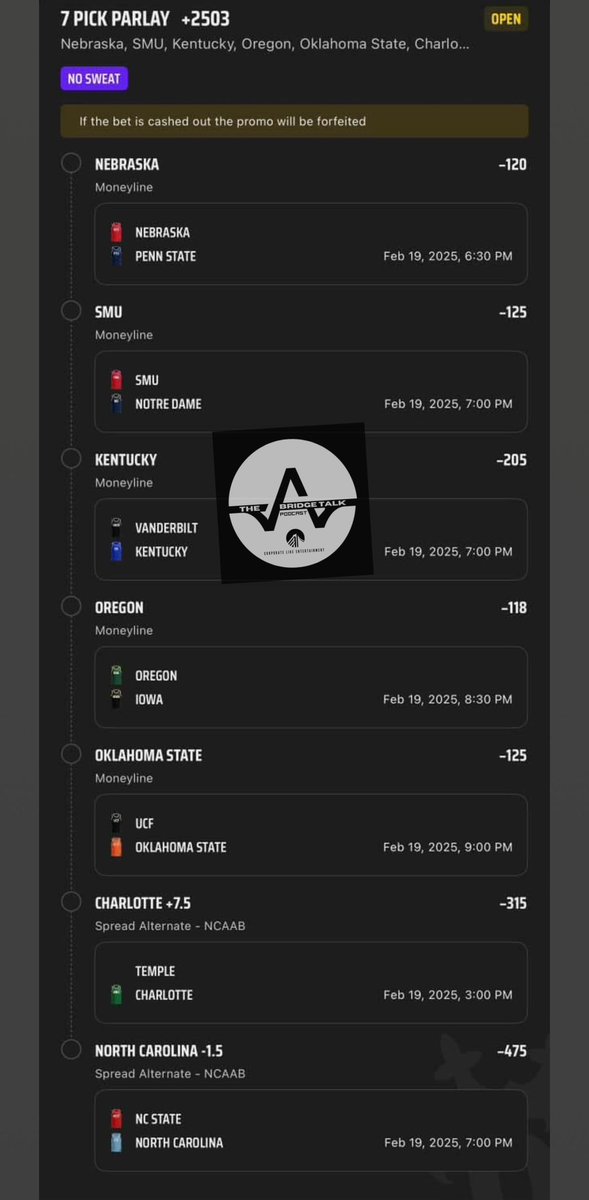 Corporate_Like's tweet photo. BRIDGETALK PROPS: CBB PARLAY
TAIL AT YOUR OWN RISK

10$ Wins $260 …also no sweat bet on DK. 

@everyone https://t.co/zRQsJfJog5