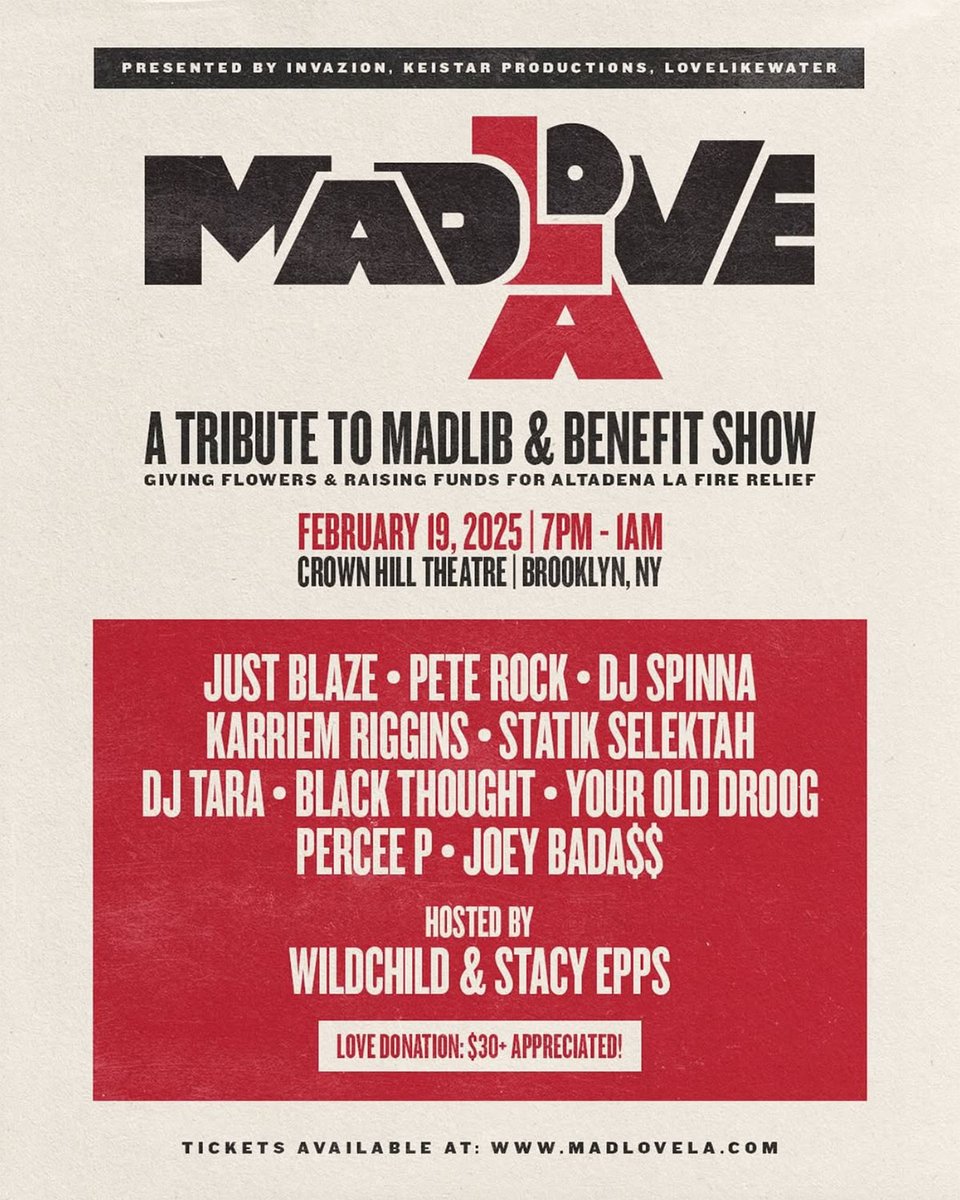 The big MADLOVE LA event in Brooklyn tonight (a tribute/benefit for <a href="/madlib/">Madlib</a> and fundraiser for Altadena fire relief) is being streamed live on Twitch via <a href="/djspinna/">THEREALDJSPINNA</a>'s acct for those that can't be in the bldg. 

Show starts 7pm ET here: twitch.tv/djspinnabk