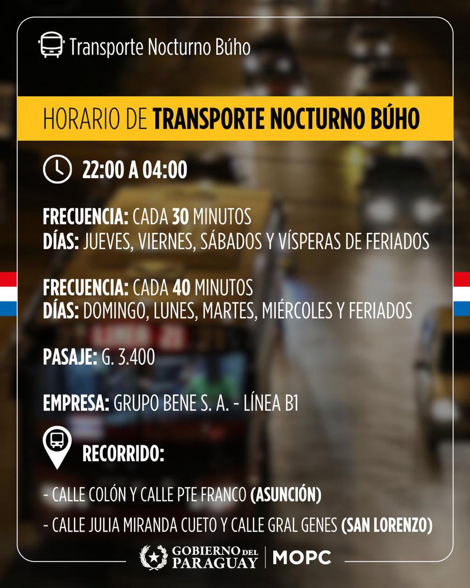 tendenciaporque's tweet photo. “Búho”:

Porque desde este viernes 21 de febrero iniciará el servicio de transporte nocturno “Búho”. Inicialmente, contará con siete buses de la Línea 11 y cubrirá Asunción y San Lorenzo, funcionará de 22:00 a 04:00. https://t.co/HVWpEKNdYl