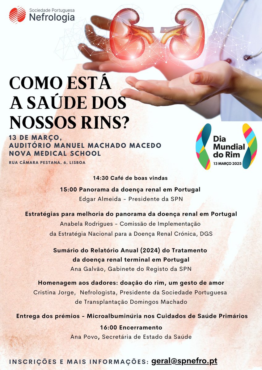 Sociedade Portuguesa de Nefrologia (@spnefro) on Twitter photo DIA MUNDIAL DO RIM
🔹 SAVE THE DATE! 🔹
🗓️ 13 de março de 2025
No Dia Mundial do Rim, convidamos todos a refletir sobre a importância da saúde renal.
Inscrições:
geral@spnefro.pt
#DiaMundialDoRim #SaúdeRenal #SPN DIA MUNDIAL DO RIM
🔹 SAVE THE DATE! 🔹
🗓️ 13 de março de 2025
No Dia Mundial do Rim, convidamos todos a refletir sobre a importância da saúde renal.
Inscrições:
geral@spnefro.pt
#DiaMundialDoRim #SaúdeRenal #SPN