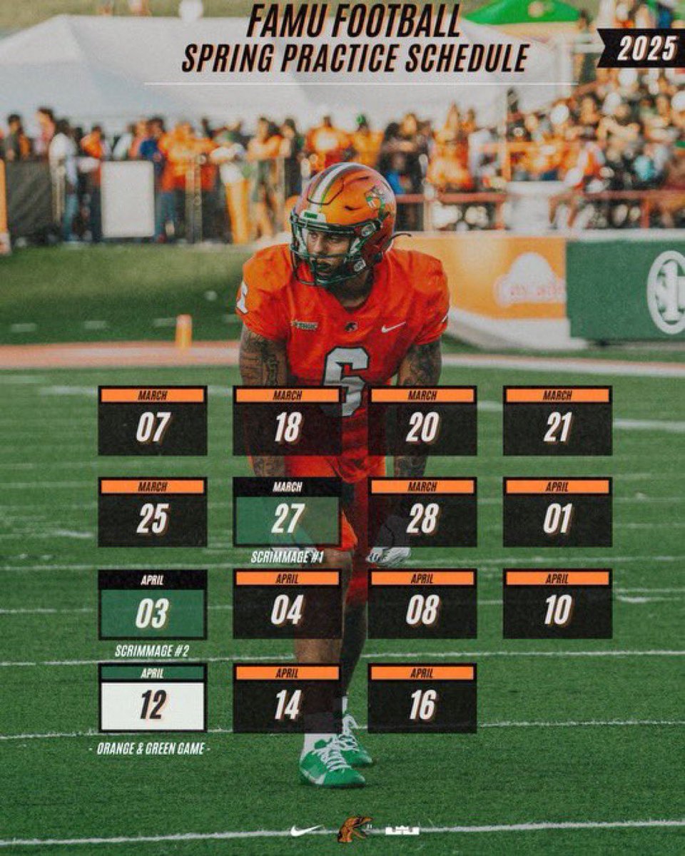🔥 Rattler Nation, gear up for an electrifying 2025 Spring Practice! 🏈 🐍

#FAMUFootball #SpringBall2025 #OrangeAndGreen #Details #Discipline
#Transferportal #transferportal
